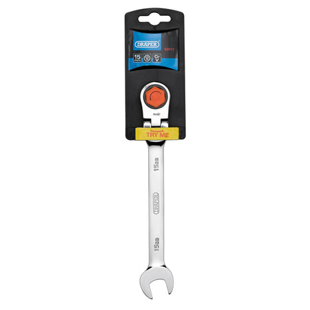 DRAPER 15mm Draper Hi-Torq ; Metric Flexible Head Ratcheting Combination Spanner: Model No.8230FMMB