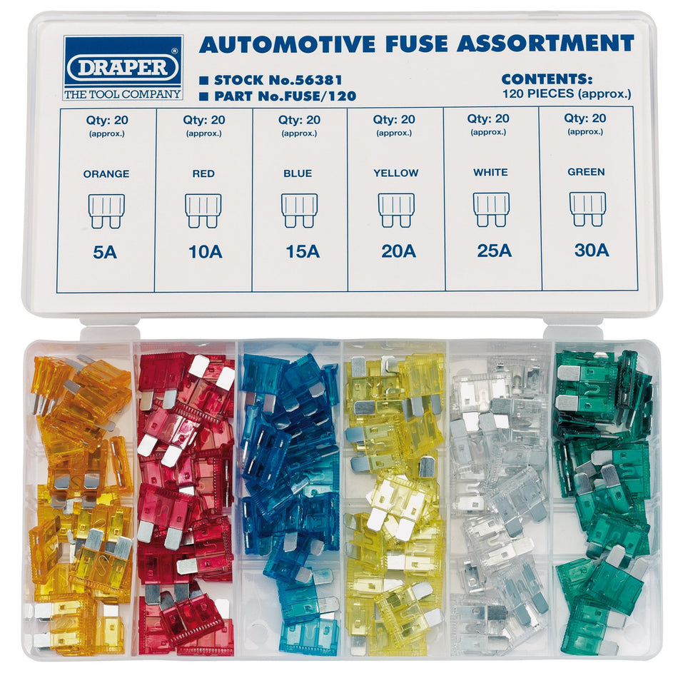 DRAPER 120 Piece Standard Automotive Plug-In Fuse Assortment: Model No.FUSE/120