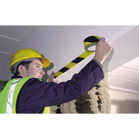 DRAPER 33M x 50mm Black and Yellow Adhesive Hazard Tape Roll: Model No.TP-HAZ.