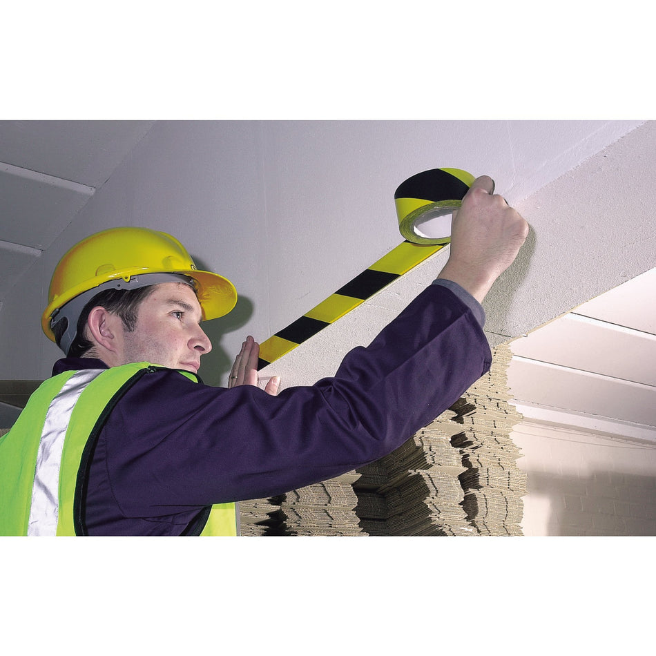 DRAPER 33M x 50mm Black and Yellow Adhesive Hazard Tape Roll: Model No.TP-HAZ.