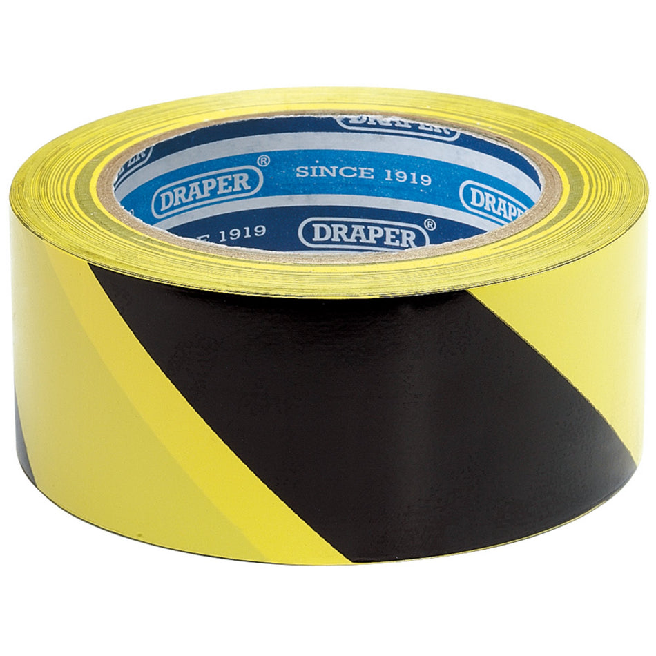 DRAPER 33M x 50mm Black and Yellow Adhesive Hazard Tape Roll: Model No.TP-HAZ.