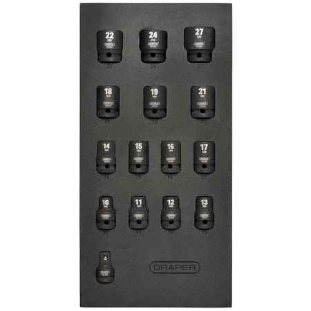 DRAPER 1/2" Sq. Dr. Impact Socket Set in 1/4 Drawer EVA Insert Tray (15 Piece): Model No. IT-EVA18