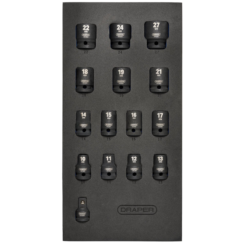 DRAPER 1/2" Sq. Dr. Impact Socket Set in 1/4 Drawer EVA Insert Tray (15 Piece): Model No. IT-EVA18