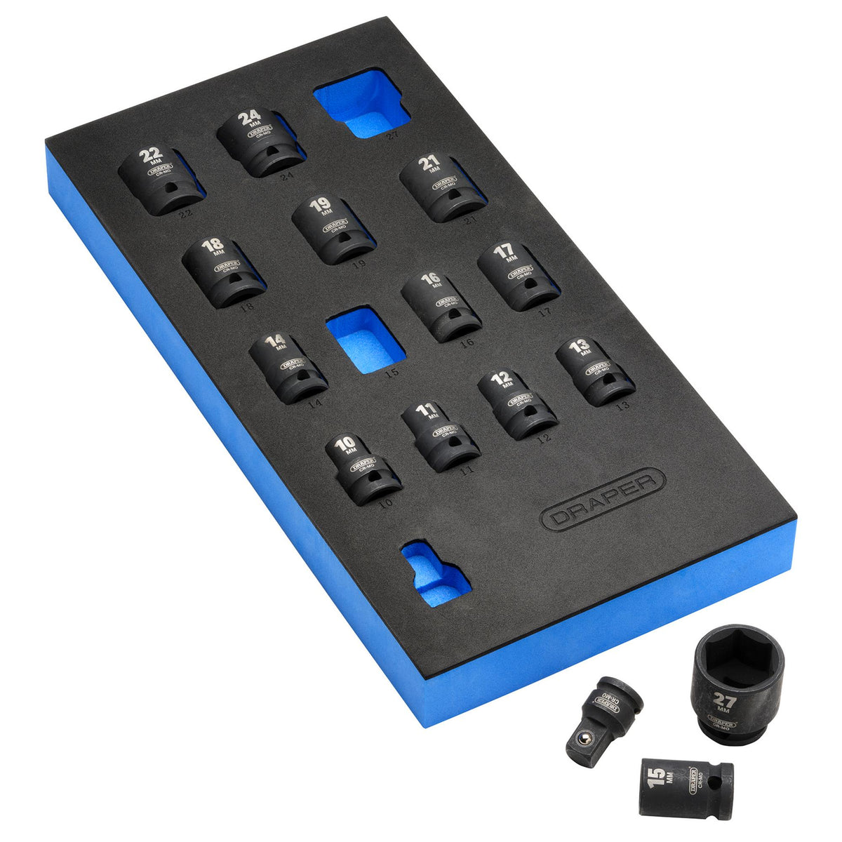 DRAPER 1/2" Sq. Dr. Impact Socket Set in 1/4 Drawer EVA Insert Tray (15 Piece): Model No. IT-EVA18