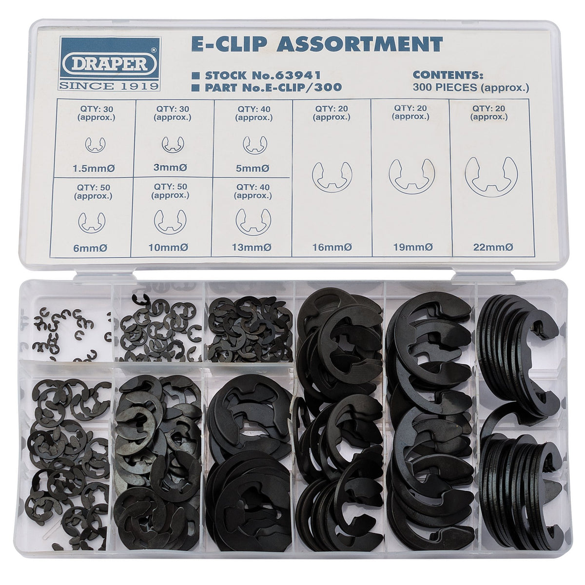DRAPER 300 Piece E Clip Assortment: Model No.E-CLIP/300