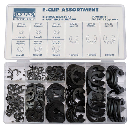 DRAPER 300 Piece E Clip Assortment: Model No.E-CLIP/300
