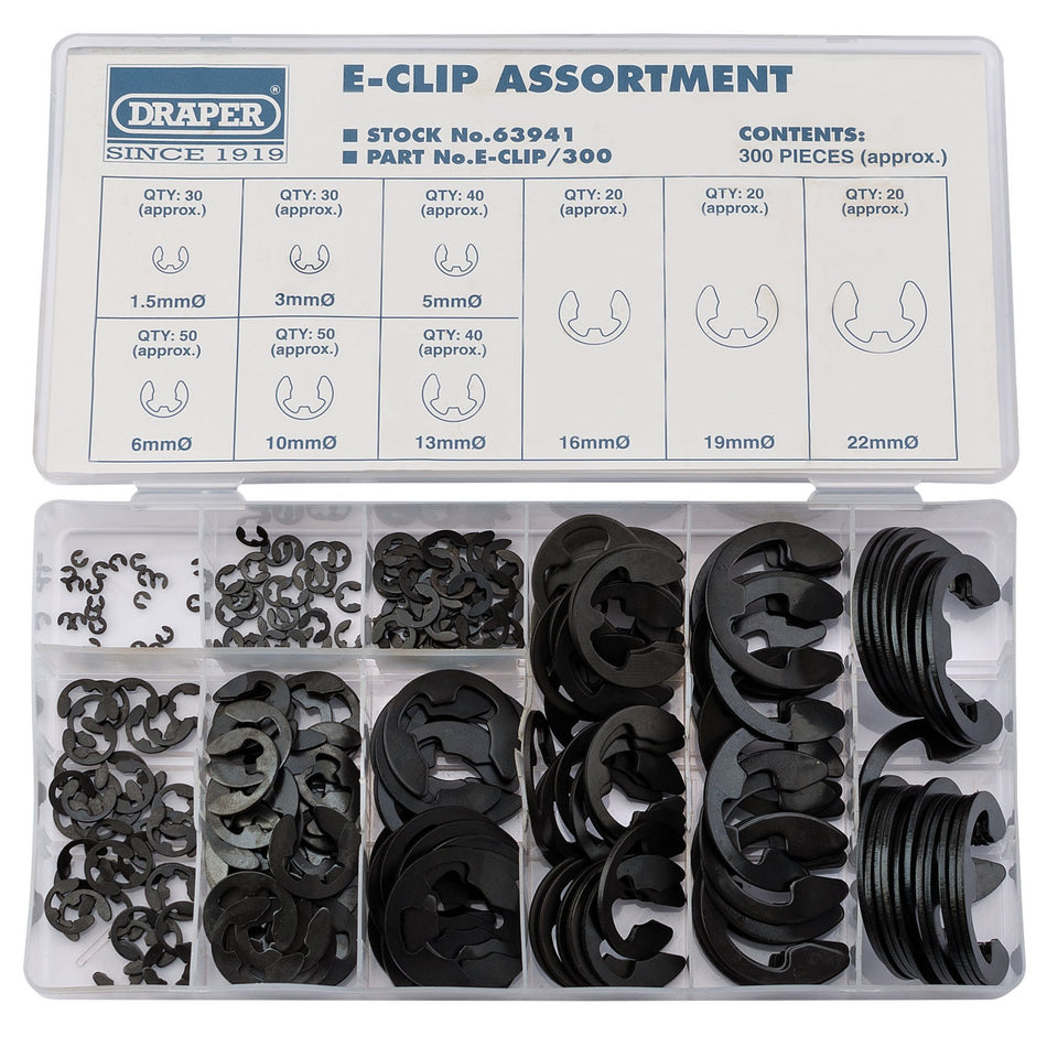 DRAPER 300 Piece E Clip Assortment: Model No.E-CLIP/300