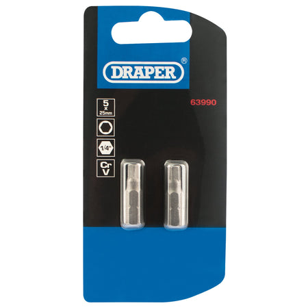 5mm 1/4" Hex. Hexagonal Insert Bit 25mm Long x 2: Model No. 25HX/2/B