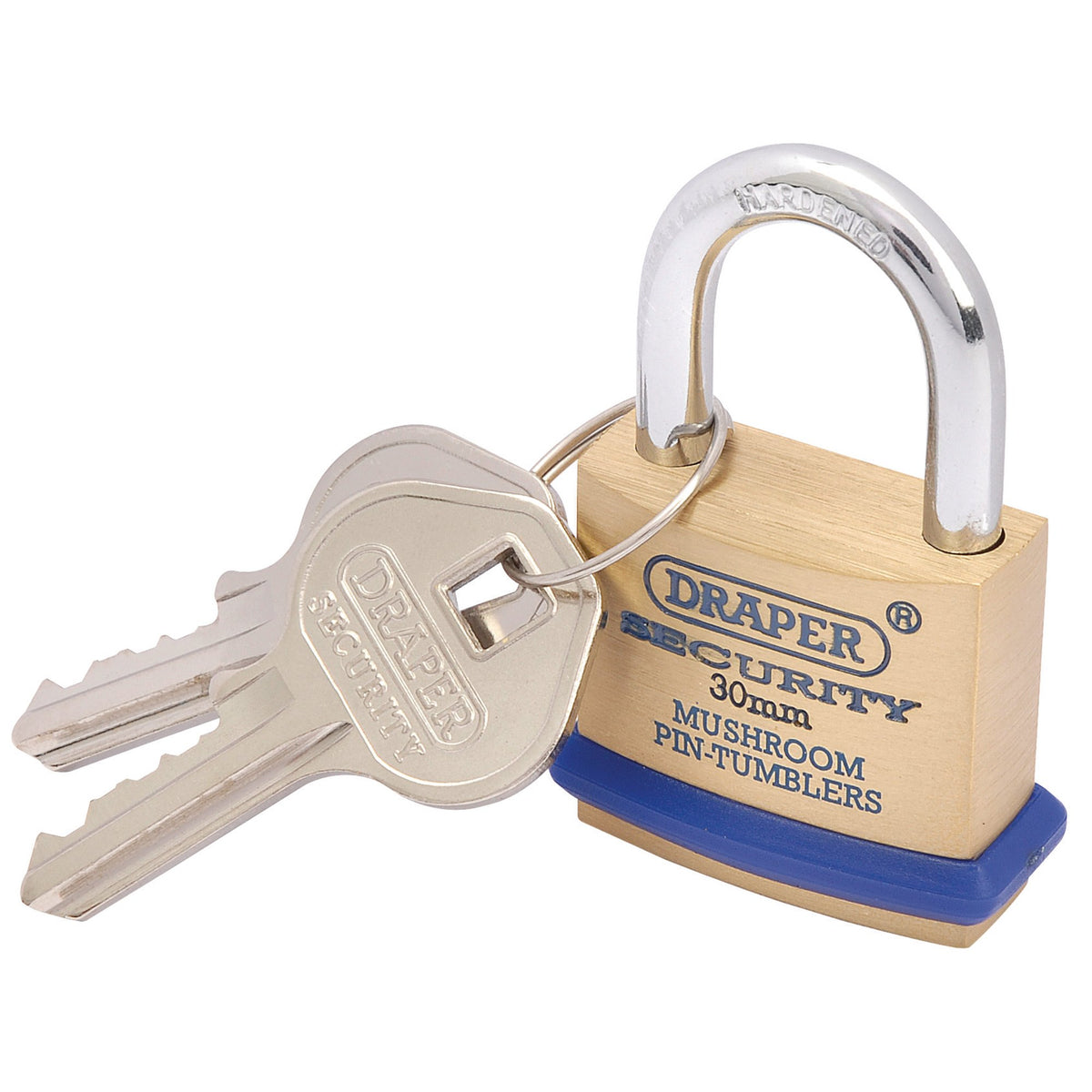 DRAPER 30mm Solid Brass Padlock and 2 Keys with Mushroom Pin Tumblers Hardened Steel Shackle and Bumper: Model No.8302/30
