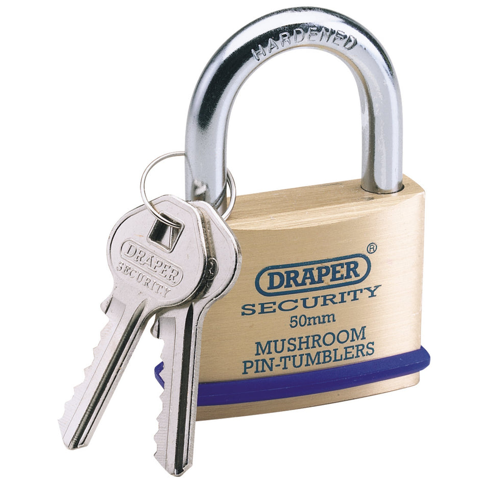 DRAPER 50mm Solid Brass Padlock and 2 Keys with Mushroom Pin Tumblers Hardened Steel Shackle and Bumper: Model No.8302/50