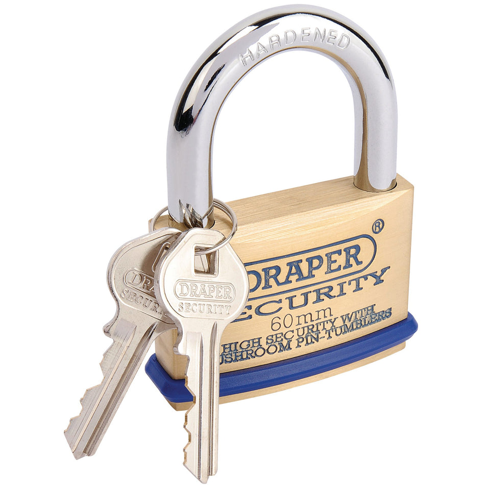 DRAPER 60mm Solid Brass Padlock and 2 Keys with Mushroom Pin Tumblers Hardened Steel Shackle and Bumper: Model No.8302/60