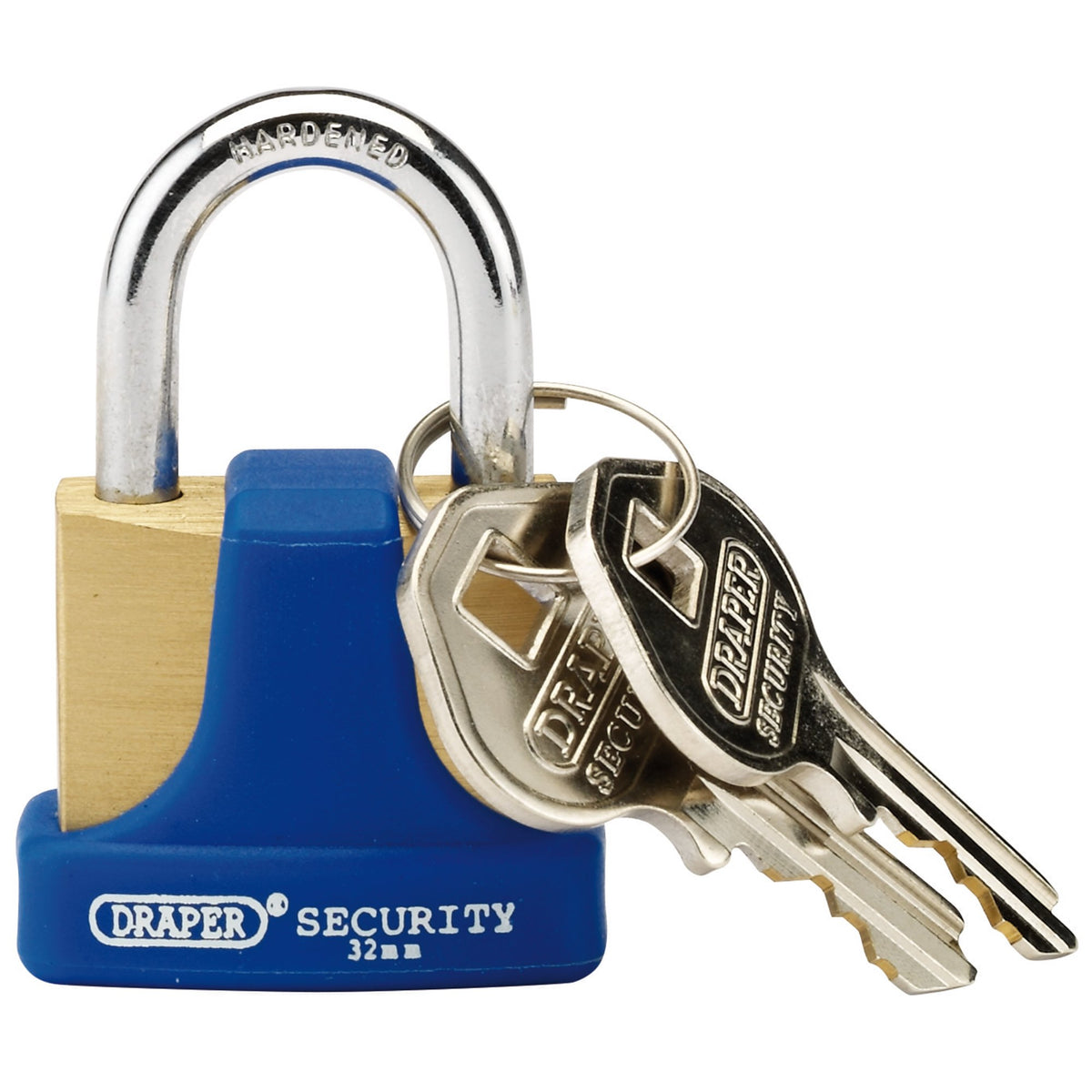 DRAPER 32mm Solid Brass Padlock and 2 Keys with Hardened Steel Shackle and Bumper: Model No.8303/32