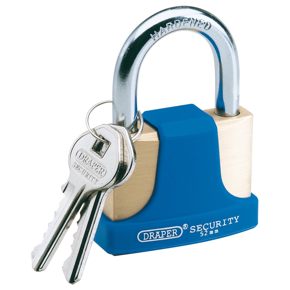 DRAPER 52mm Solid Brass Padlock and 2 Keys with Hardened Steel Shackle and Bumper: Model No.8303/52