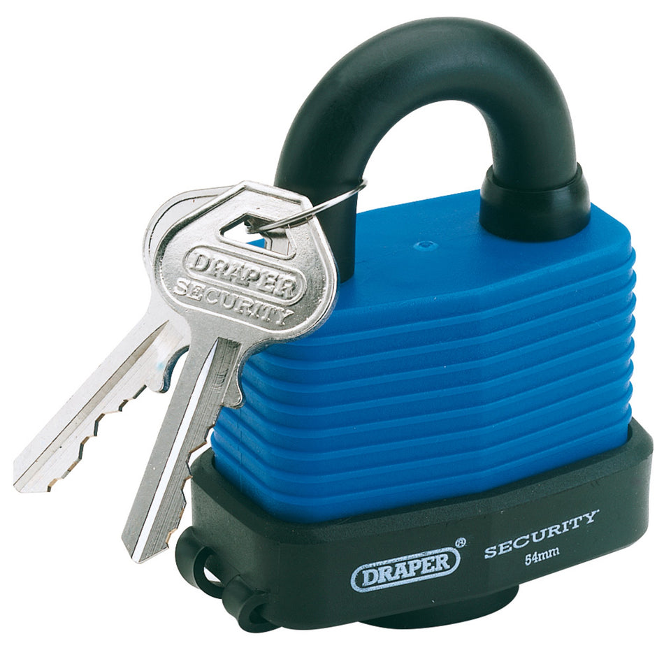 DRAPER 54mm Weatherproof Laminated Steel Padlock and 2 Keys with Hardened Steel Shackle and Bumper: Model No.8307/54