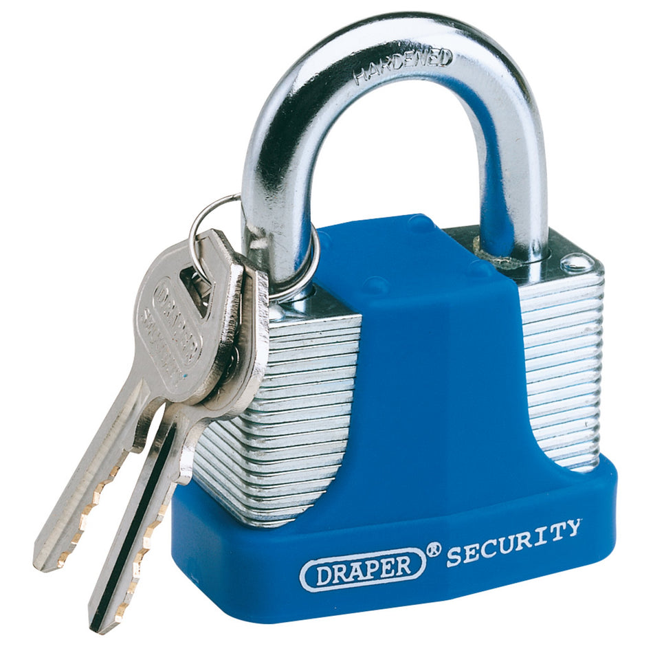 DRAPER 40mm Laminated Steel Padlock and 2 Keys with Hardened Steel Shackle and Bumper: Model No.8308/40