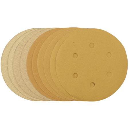 Gold Sanding Discs with Hook & Loop, 150mm, Assorted Grit - 120G, 180G, 240G, 320G, 400G (Pack of 10): Model No. SDHALG150