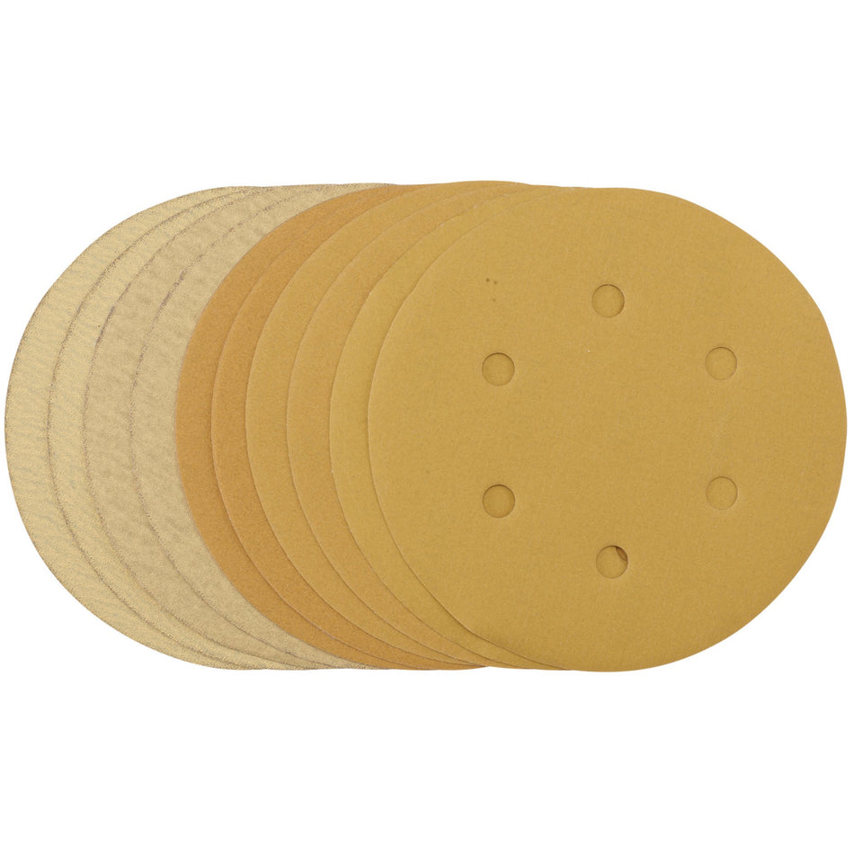 Gold Sanding Discs with Hook & Loop, 150mm, Assorted Grit - 120G, 180G, 240G, 320G, 400G (Pack of 10): Model No. SDHALG150