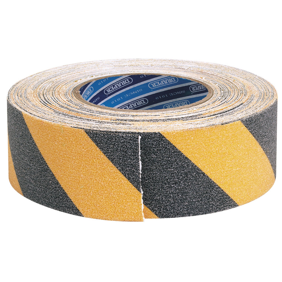DRAPER 18M x 50mm Black and Yellow Heavy Duty Safety Grip Tape Roll: Model No.TP-S/GRIP/HZ