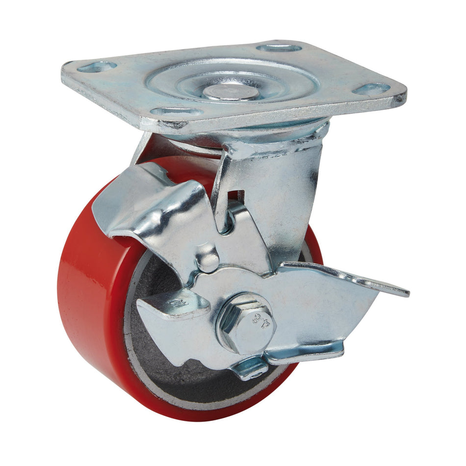 DRAPER 100mm Dia. Swivel Plate Fixing Heavy Duty Polyurethane Wheel with Brake - S.W.L. 250Kg: Model No.606100PB