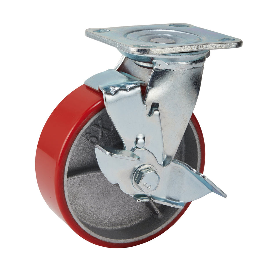 DRAPER 160mm Dia. Swivel Plate Fixing Heavy Duty Polyurethane Wheel with Brake - S.W.L. 400Kg: Model No.606160PB