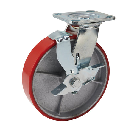 DRAPER 200mm Dia. Swivel Plate Fixing Heavy Duty Polyurethane Wheel with Brake - S.W.L. 500Kg: Model No.606200PB