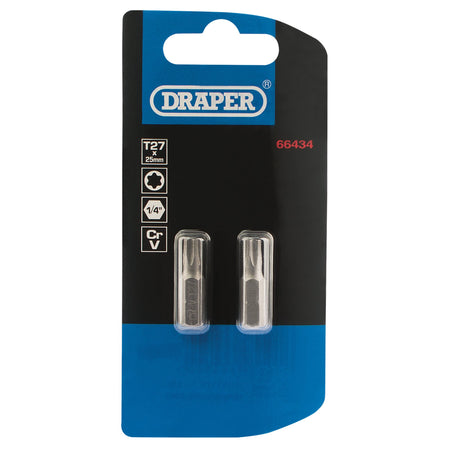 T27 1/4" Hex. Draper TX-STAR Insert Bit 25mm Long x 2: Model No. 25TX/2/B