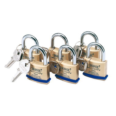 DRAPER Pack of 6 x 40mm Solid Brass Padlocks with Hardened Steel Shackle: Model No.8302/40/KA