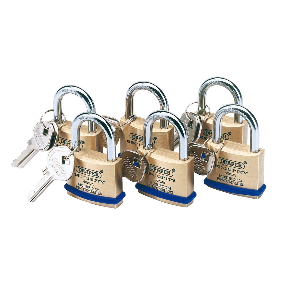 DRAPER Pack of 6 x 40mm Solid Brass Padlocks with Hardened Steel Shackle: Model No.8302/40/KA