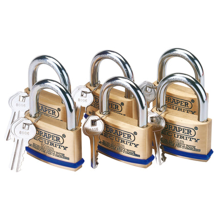 DRAPER Pack of 6 x 60mm Solid Brass Padlocks with Hardened Steel Shackle: Model No.8302/60/KA