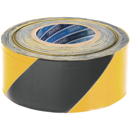 DRAPER 500M x 75mm Black and Yellow Barrier Tape Roll: Model No.TP-BAR