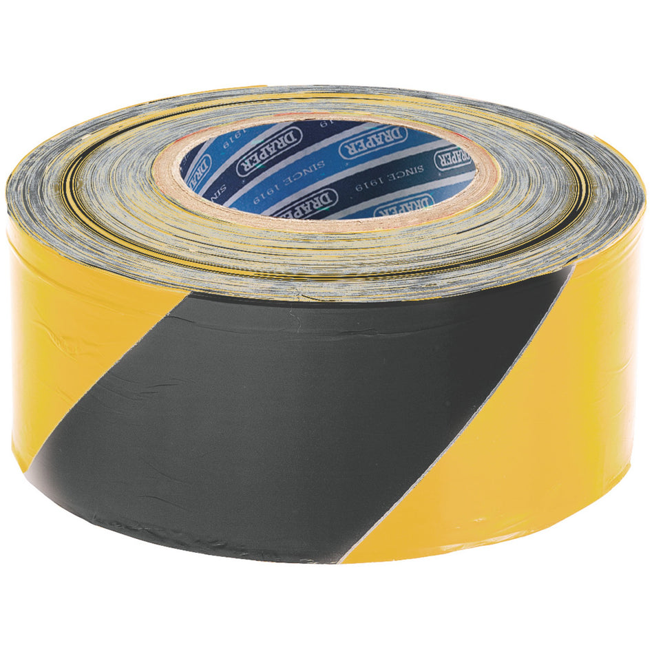 DRAPER 500M x 75mm Black and Yellow Barrier Tape Roll: Model No.TP-BAR