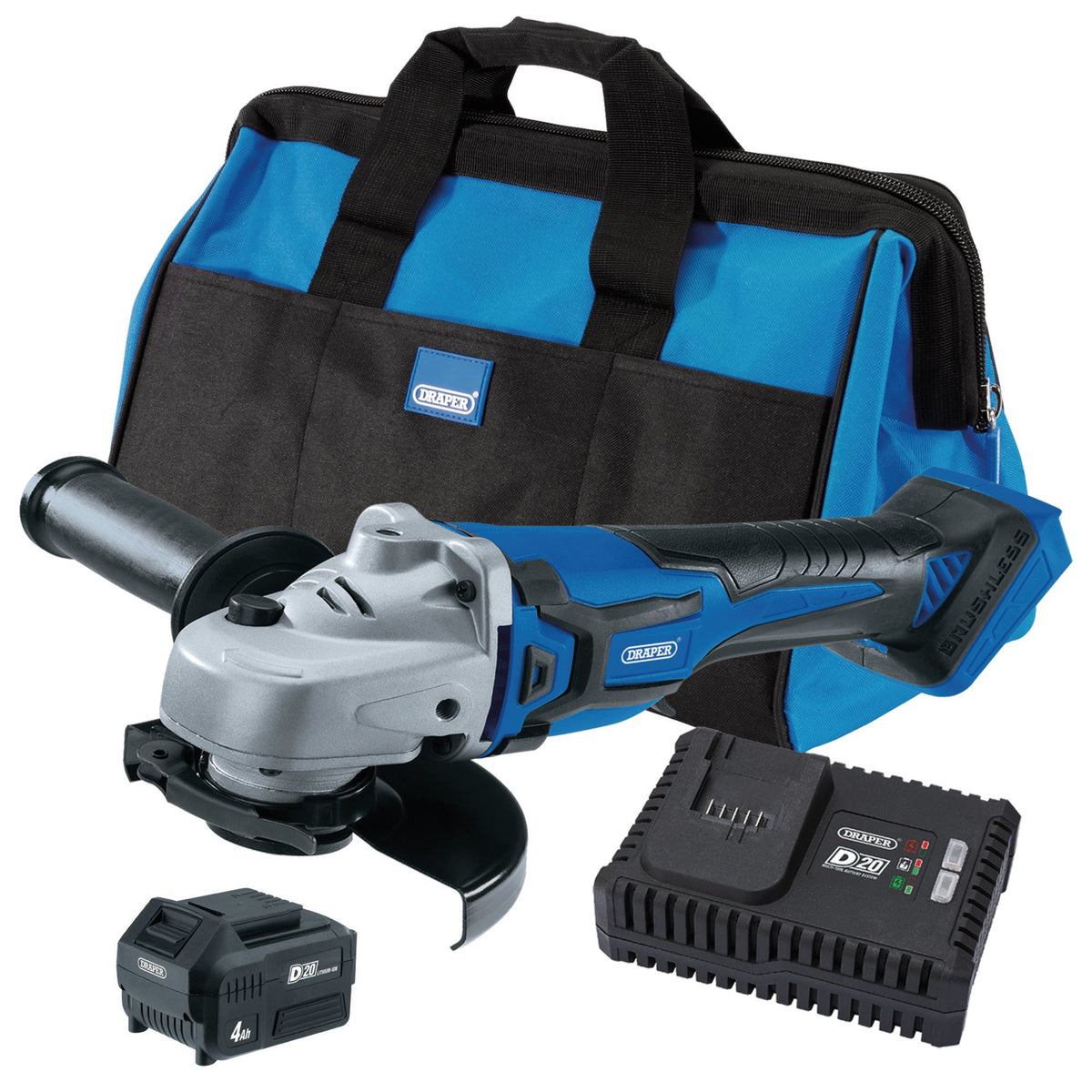 D20 20V Angle Grinder Kit, 1 x 4.0Ah Battery, 1 x Fast Charger in 28L Tool Bag : Model No. PTKD20G4KIT