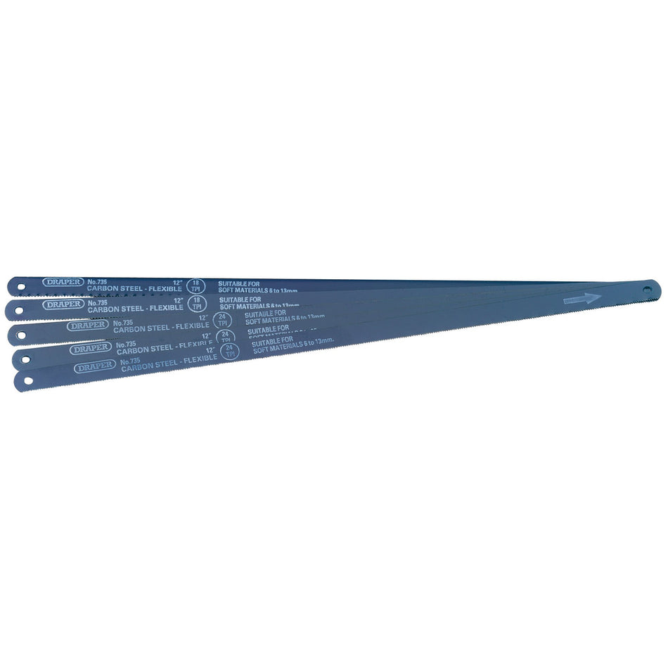 DRAPER 5 Assorted 300mm Flexible Carbon Steel Hacksaw Blades: Model No.735