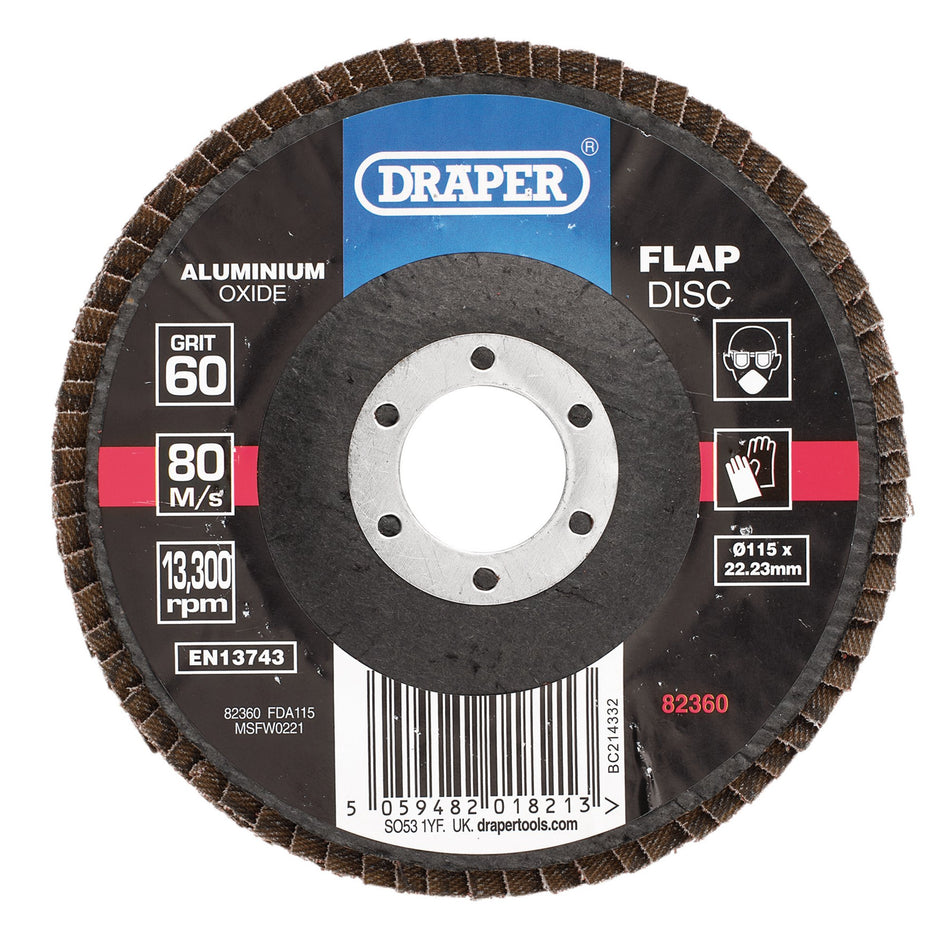 Aluminium Oxide Flap Disc, 115 x 22.23mm, 60 Grit : Model No. FDA115