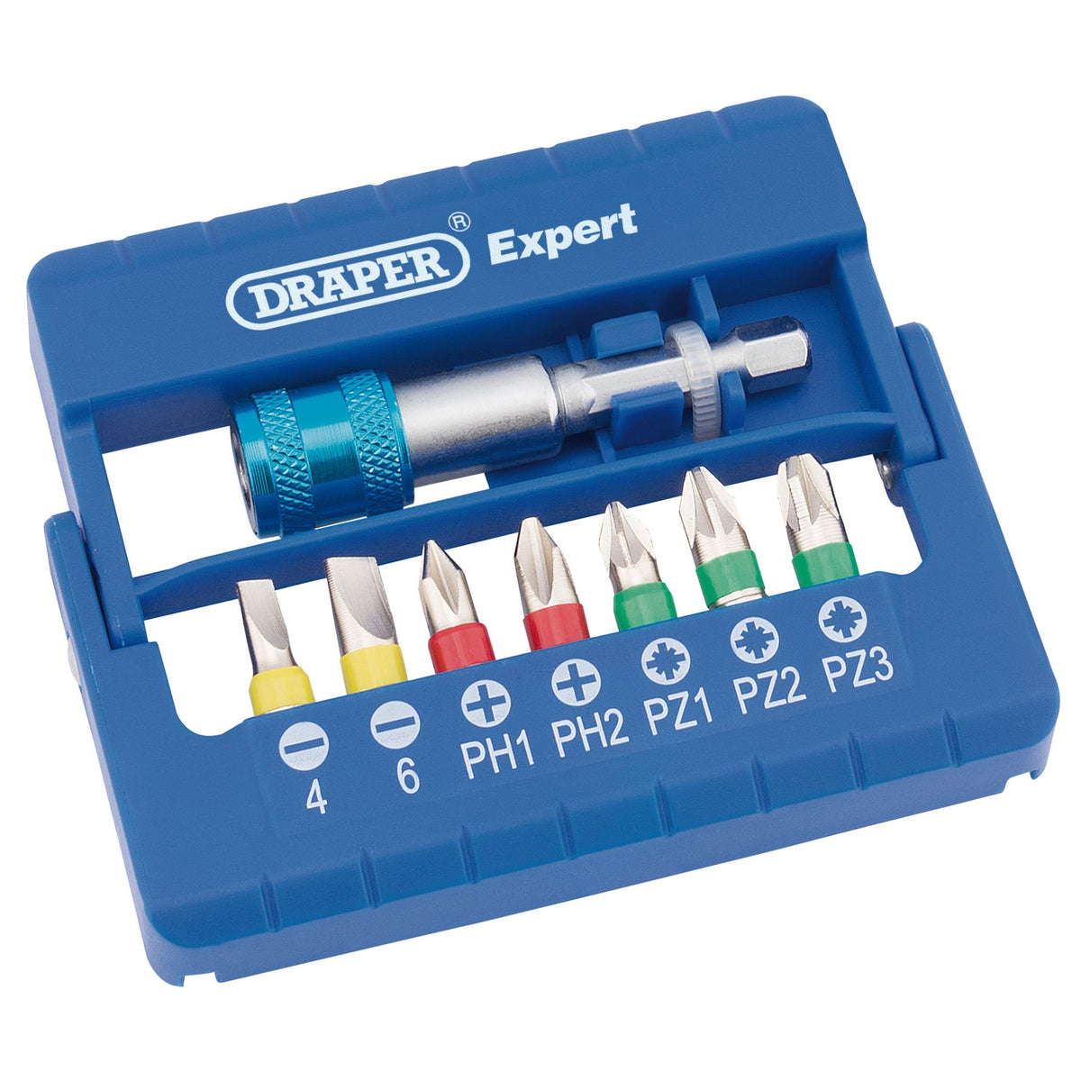 DRAPER Coloured Screwdriver Bit Set With Magnetic Holder (8 piece): Model No. CMBH8