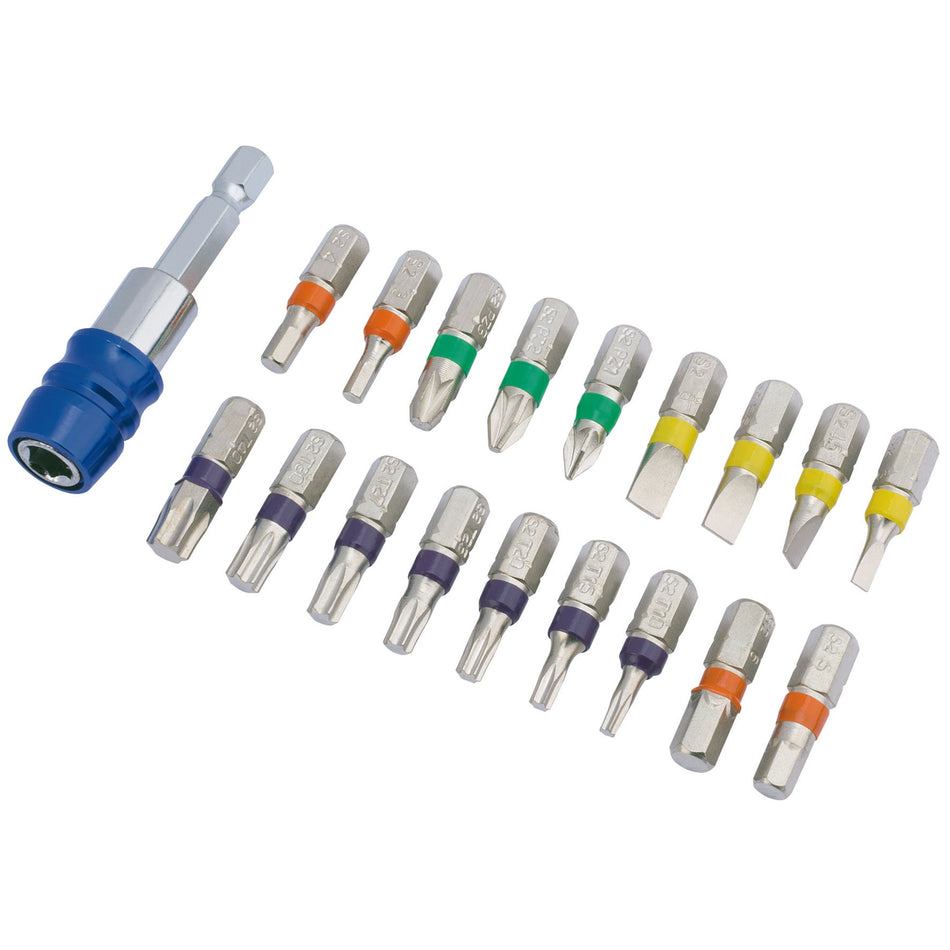 DRAPER Coloured Screwdriver Bit Set With Magnetic Holder (19 piece): Model No. CMBH19