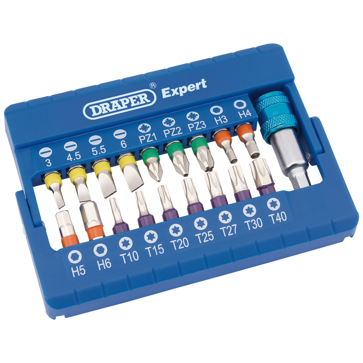 DRAPER Coloured Screwdriver Bit Set With Magnetic Holder (19 piece): Model No. CMBH19