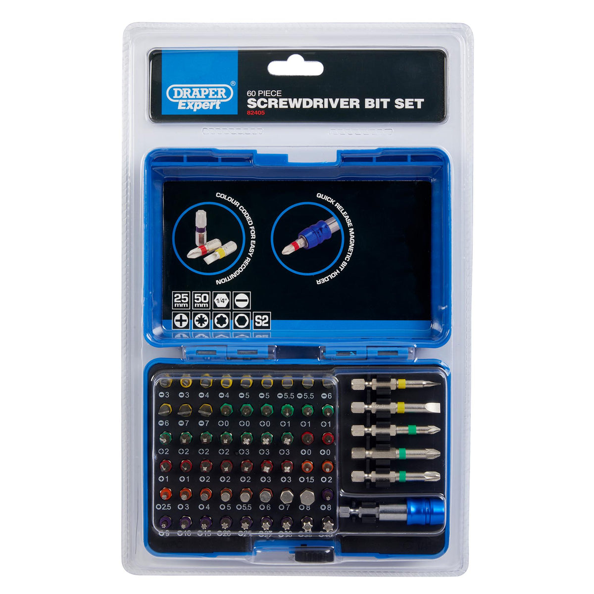 DRAPER Coloured Screwdriver Bit Set With Magnetic Holder (60 piece): Model No. CMBH60