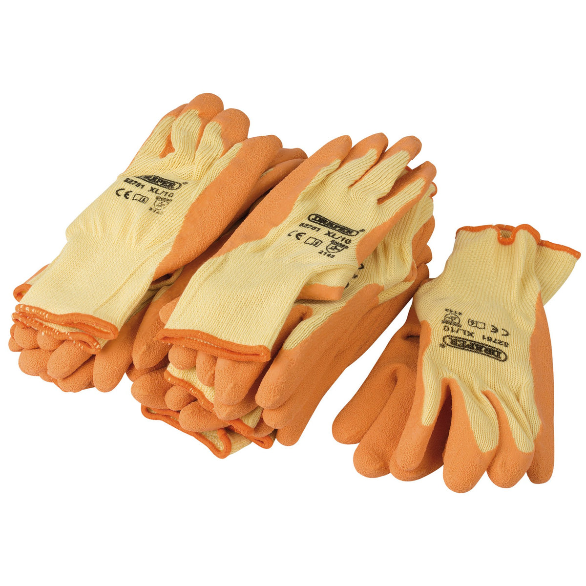 DRAPER Pack of Ten, Orange Heavy Duty Latex Coated Work Gloves - Extra Large: Model No. HDLGA/B