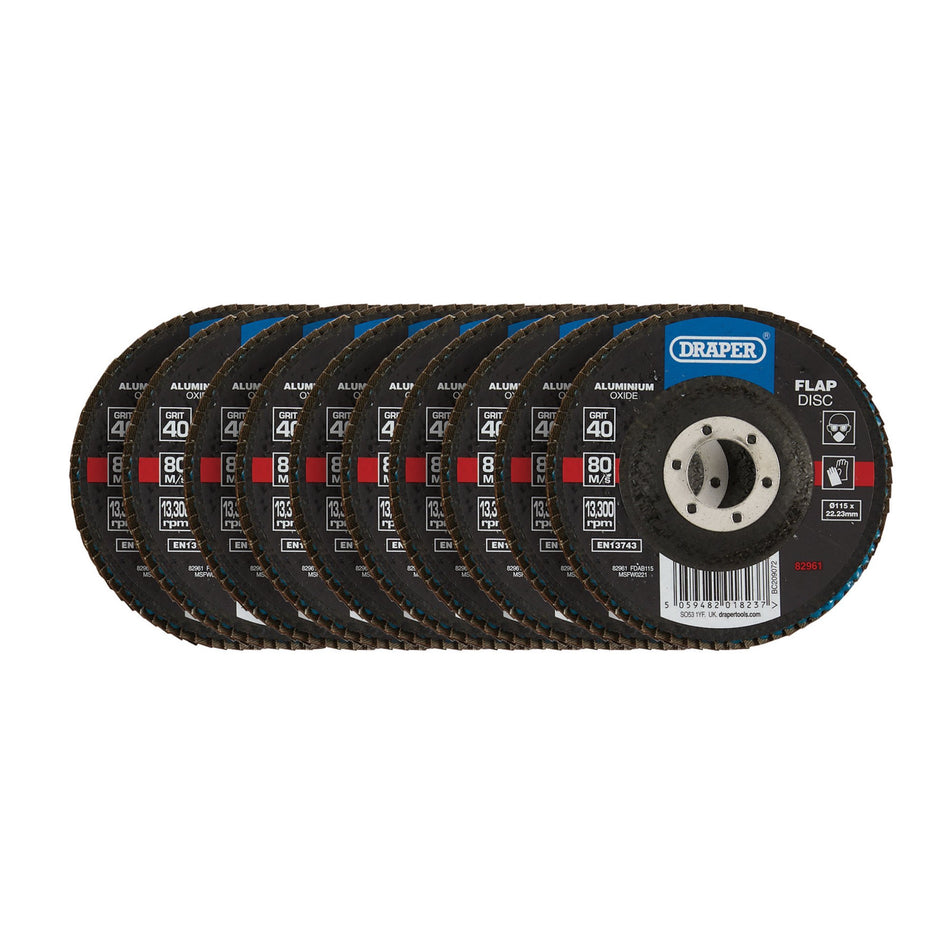 DRAPER Aluminium Oxide Flap Discs, 115 x 22.23mm, 40 Grit (Pack of 10) Model No. FDAB115