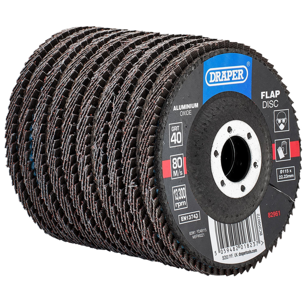 DRAPER Aluminium Oxide Flap Discs, 115 x 22.23mm, 40 Grit (Pack of 10) Model No. FDAB115