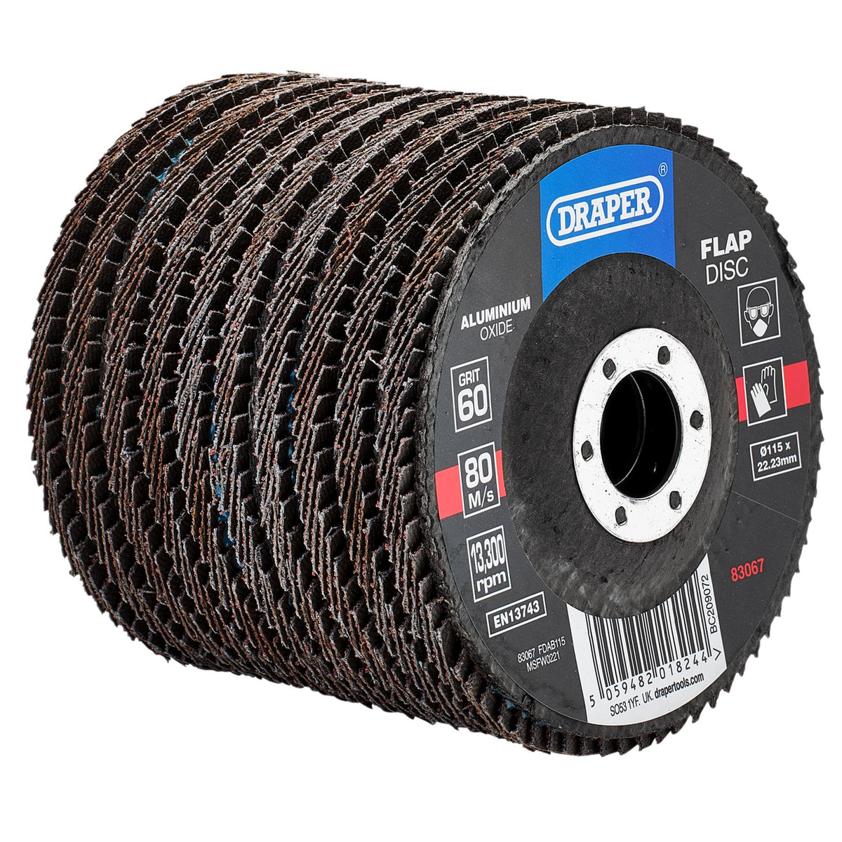 DRAPER Aluminium Oxide Flap Discs, 115 x 22.23mm, 60 Grit (Pack of 10) Model No. FDAB115