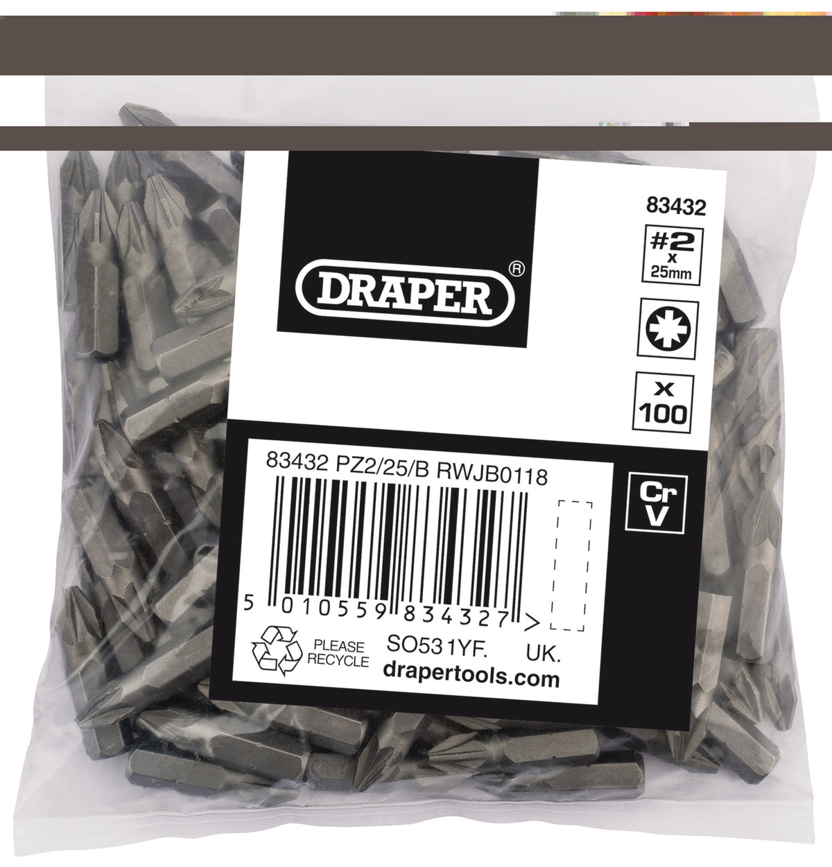 No.2 PZ TYPE 1/4" Insert Bits (Bag of 100) Model. No. PZ2/25/B