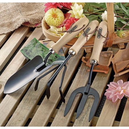 DRAPER Carbon Steel Hand Fork, Cultivator and Trowel with Hardwood Handles: Model No. GCSTS3DD