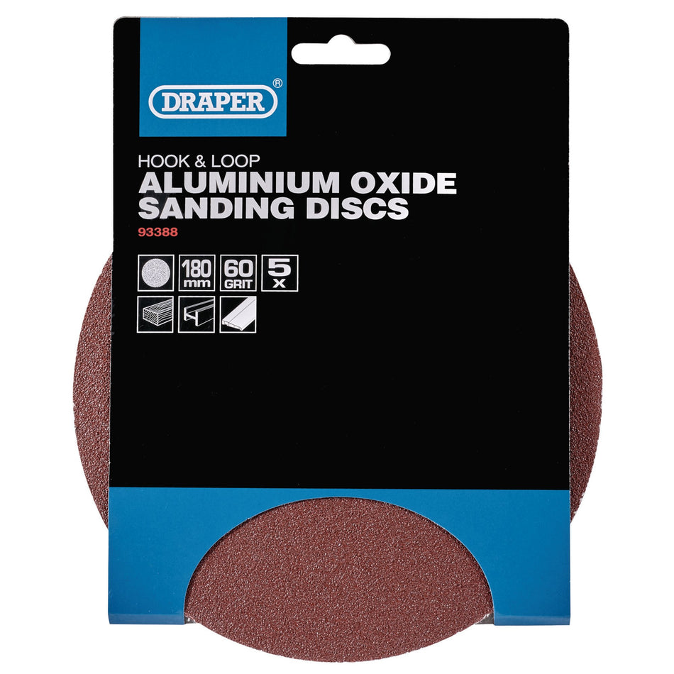 Hook and Loop Aluminium Oxide Sanding Discs, 180mm, 60 Grit (Pack of 5): Model No. APT257