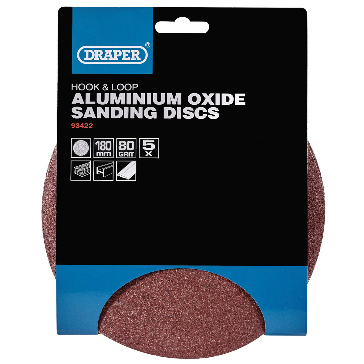 Hook and Loop Aluminium Oxide Sanding Discs, 180mm, 80 Grit (Pack of 5): Model No. APT257