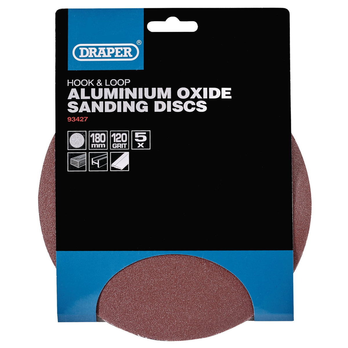Hook and Loop Aluminium Oxide Sanding Discs, 180mm, 120 Grit (Pack of 5): Model No. APT257