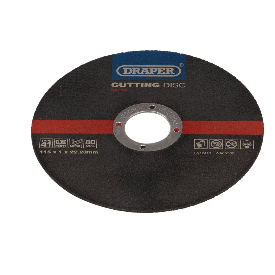 DRAPER Metal Cutting Discs, 115 x 1 x 22.23mm (Pack of 100) Model No. CGF7