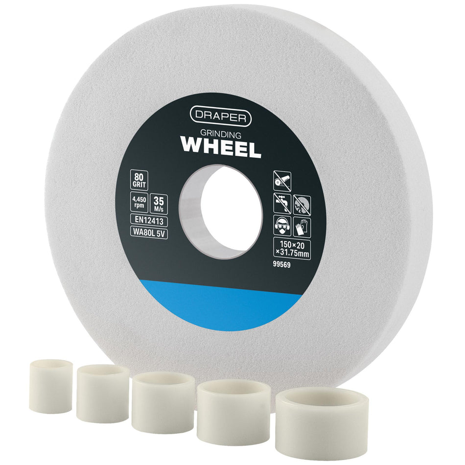 Draper White Aluminium Oxide Bench Grinding Wheel 80G (150mm x 20mm) Model No. BG15020W