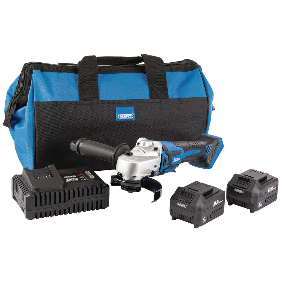 D20 20V Brushless Angle Grinder, 115mm, 2 x 5.0Ah Batteries, 1 x Fast Charger, 1 x Bag : Model No. PTKD20K2